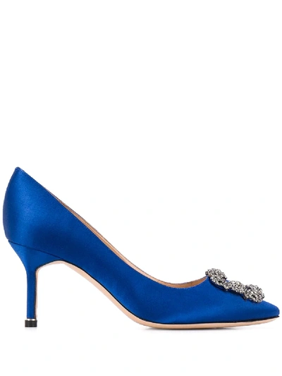 Manolo Blahnik Hangisi 70 Embellished Pumps In Blue Satin