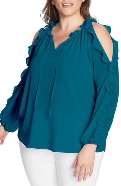 1.state 1. State Ruffle Cold-shoulder Georgette Top In Verdi Emerald