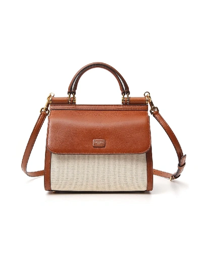 Dolce & Gabbana Sicily 58 Small Leather And Canvas Bag In Brown,beige