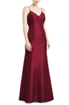 Alfred Sung V-neck Spaghetti-strap Sateen Twill Gown Bridesmaid Dress With Slit In Burgundy