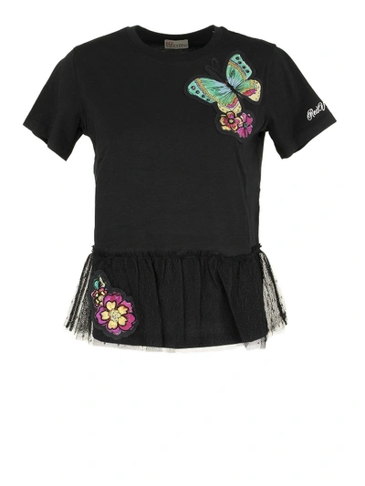 Red Valentino Butterfly Patches Tulle Panel T-shirt In Black