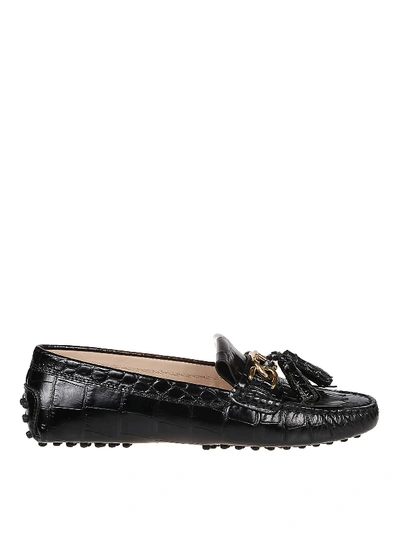 Tod's Gommino Croco Print Loafers In Black