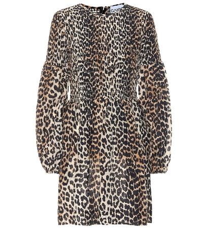 Ganni Leopard-print Cotton And Silk Minidress In Multi