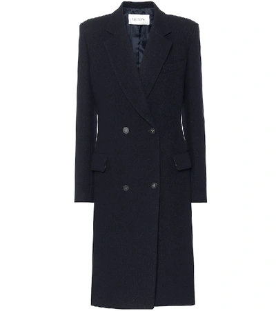 Valentino Logo-detailed Double-breasted Wool Melton Coat In Blue