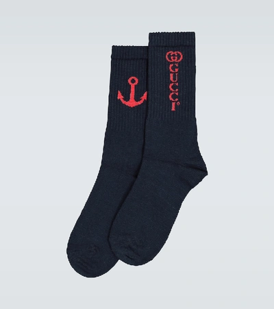 Gucci Gg Anchor Jacquard Cotton Blend Socks In Blue