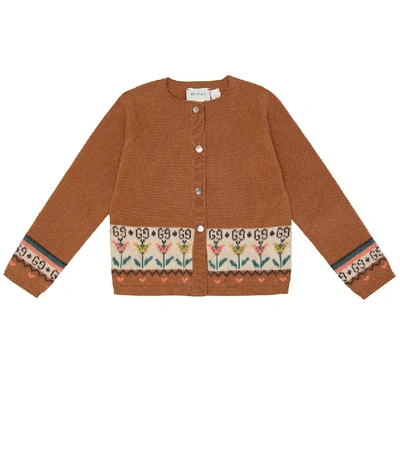 Gucci Baby Gg Flowers Wool Jacquard Cardigan In Brown