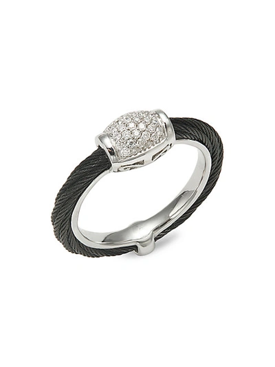 Alor 18k White Gold, Black Stainless Steel & Diamond Cable Ring