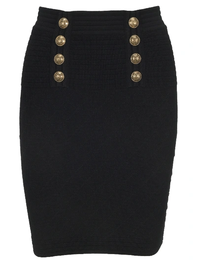 Balmain High-waisted Double-buttoned Black Knit Skirt