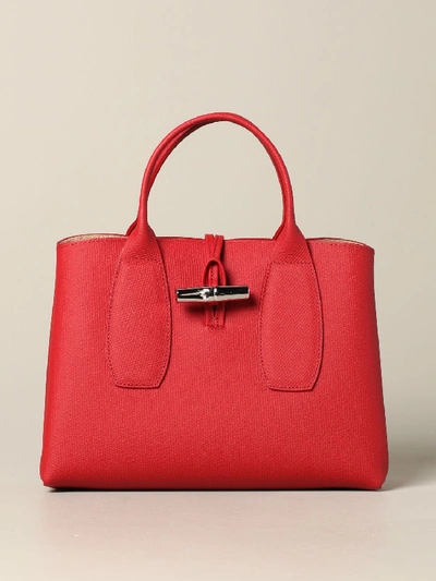 Longchamp Bag In Grained Leather With Shoulder Strap In Red
