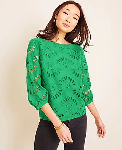 Ann Taylor Petite Eyelet Boatneck Top In Parrot Green
