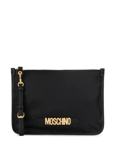 Moschino Logo Zip Clutch Bag In Black