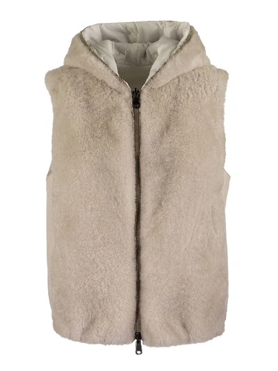 Brunello Cucinelli Reversible Vest With Hood Cashmere Goat Fur In Ice/beige
