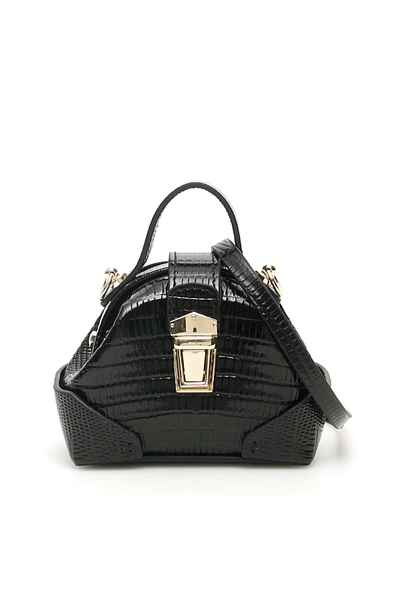 Manu Atelier Demi Domed Lizard-embossed Leather Micro Bag In Black