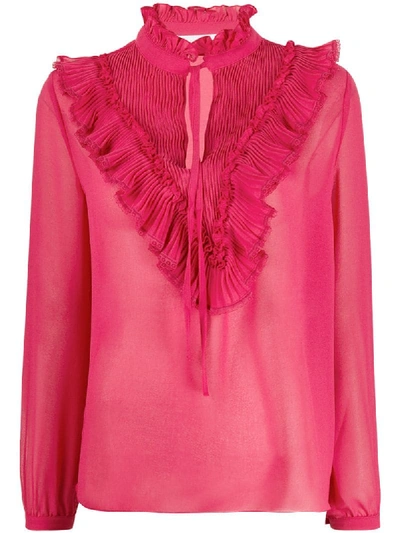 See By Chloé Ruffled Plissé-trimmed Georgette Blouse In Pink