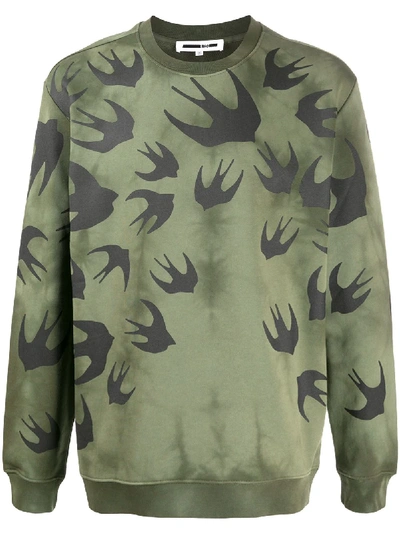 Mcq By Alexander Mcqueen Army Green Swallow-print Cotton Sweatshirt