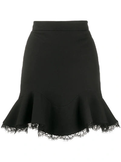 Alexander Mcqueen Ruffled Lace-trimmed Wool-blend Mini Skirt In Black