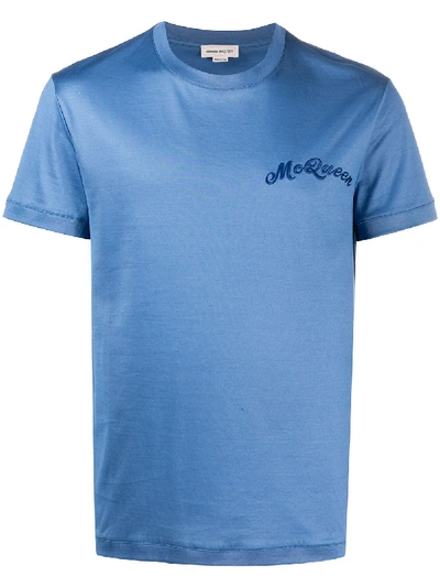 Alexander Mcqueen Logo-embroidered Cotton-jersey T-shirt In Light Blue