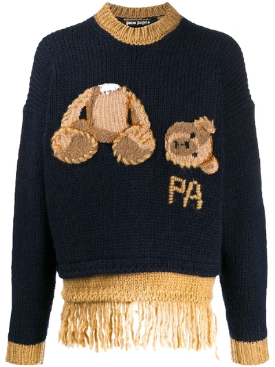 Palm Angels Palm Bear Fringed Sweater Navy Blue Br In Blue