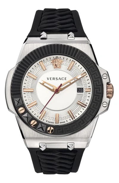 Versace Chain Reaction Silicone Strap Watch, 45mm In Black/ Silver/ Gunmetal