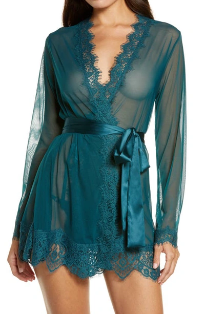 Oh La La Cheri Plus Size Eyelash Lace Robe With Satin Sash And G-string Lingerie Set In Deep Teal