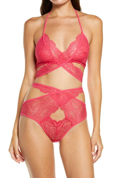 Oh La La Cheri Charlena Crossover Halter Bralette & High Waist Panties Set In Bright Rose