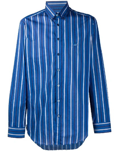 Etro Vertical Stripe Logo Embroidered Shirt In Blue