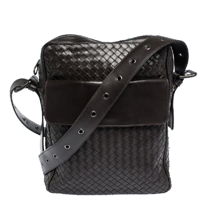 Pre-owned Bottega Veneta Dark Brown Intrecciato Leather Grommet Strap Messenger Bag
