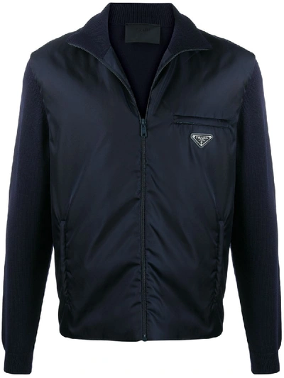 Prada Logo-plaque Knitted-sleeve Bomber Jacket In Blue