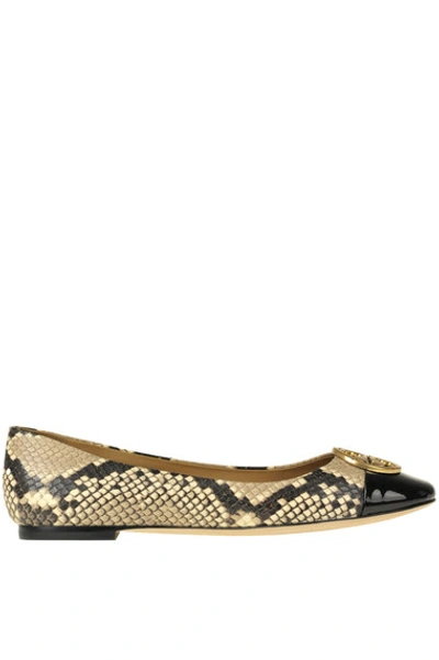 Tory Burch Roccia Snake Printed Leather Minnie Cap-toe Ballerinas In Dove-grey