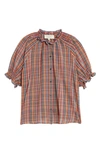 THE GREAT THE GATHER PLAID COTTON TOP,T437491