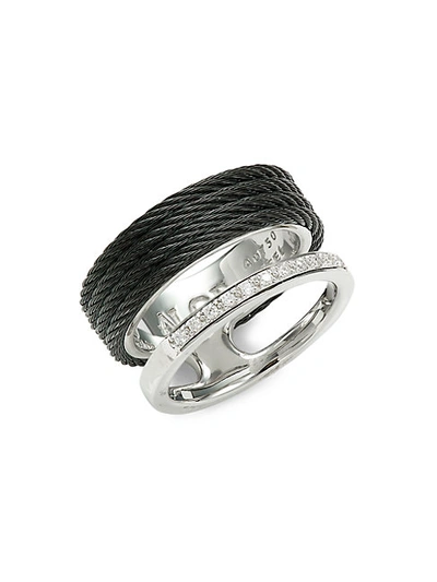 Alor 18k White Gold, Black Stainless Steel & Diamond Ring