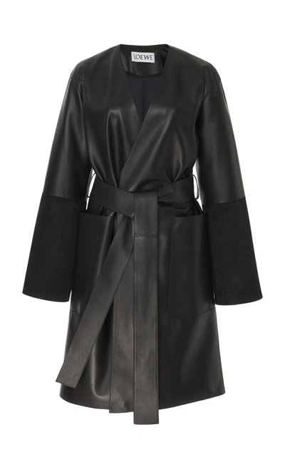 Loewe Suede-panelled Leather Wrap Coat In Black