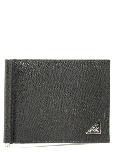 Prada Saffiano Bifold Wallet With Money Clip In Black