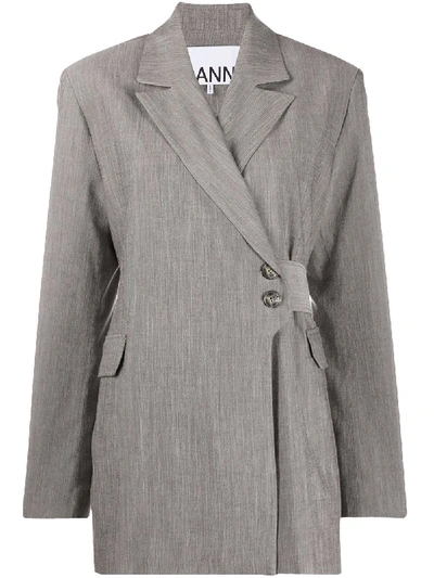 Ganni Belted Heathered-sharkskin Suit Jacket In Grey