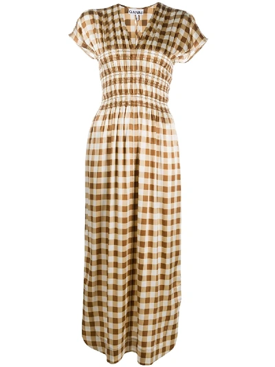 Ganni Gingham Smocked Waist Stretch Silk Midi Dress In Brown