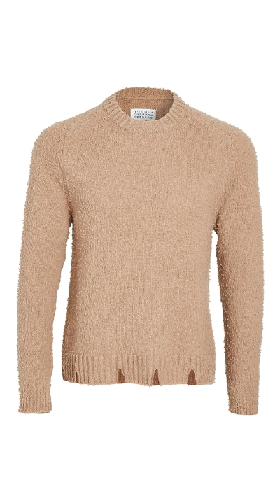 Maison Margiela Distressed Casentino Crew Neck Sweater In Camel