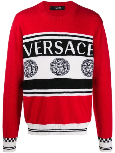 Versace Medusa Logo Intarsia Wool Knit Sweater In Red,white,black