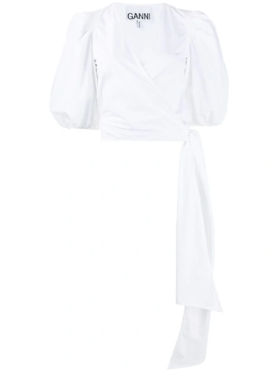 Ganni Blouson-sleeve Cotton-poplin Wrap Top In White