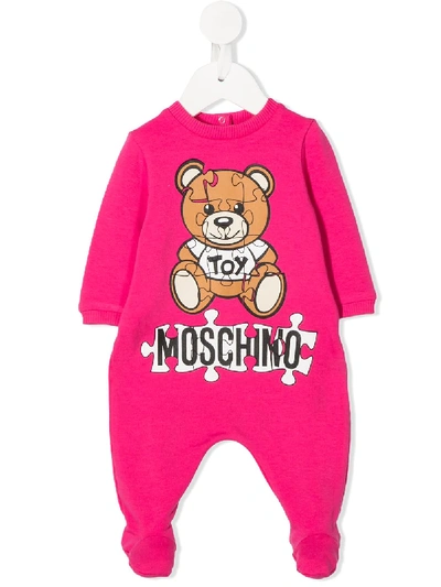 Moschino Babies' 泰迪熊logo印花连体衣 In Pink