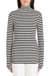 Burberry Striped Crepe Jersey Turtleneck Top In White/black