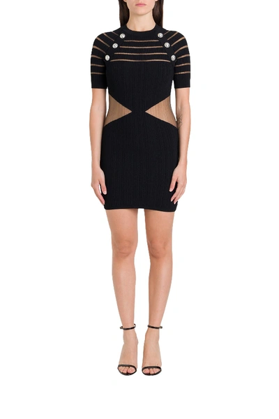 Balmain Sheer Detail And Buttoned Stretch Knit Dress In Black