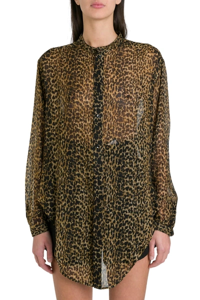 Saint Laurent Oversized Tie-up Shirt In Leopard-print Wool Etamine In Brown