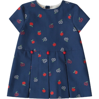 Gucci Blue Dress For Baby Girl With Double Gg And Apples