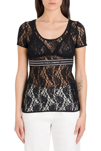 Dolce & Gabbana Lace Top With Logo Taping In Black