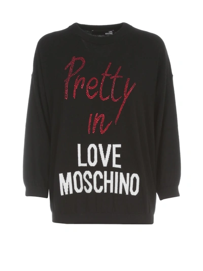 Love Moschino Ballon Sweater L/s Crew Neck W/written In Black