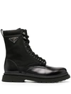 Prada Black Leather Ankle Boot With Logo In Nero