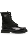 Prada Black Leather Ankle Boot With Logo In Black