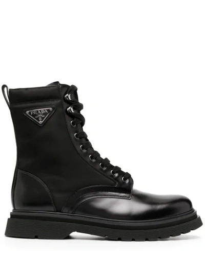 Prada Black Leather Ankle Boot With Logo