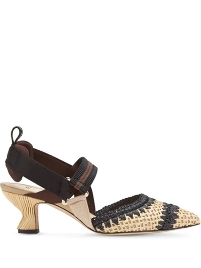 Fendi Colibri Bicolor Raffia Slingback Pumps In Black