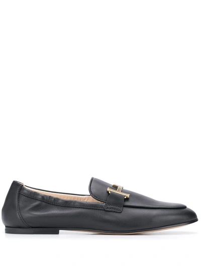 Tod's Double T Leather Loafers In Black